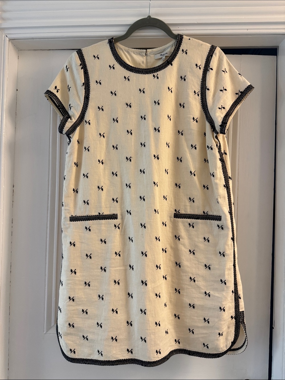 Madewell Cream Shift Dress with Black Embroidered Trim